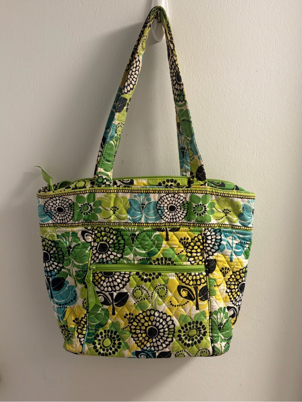 Vera Bradley Green Floral Quilted Shoulder Tote Bag Zip Top